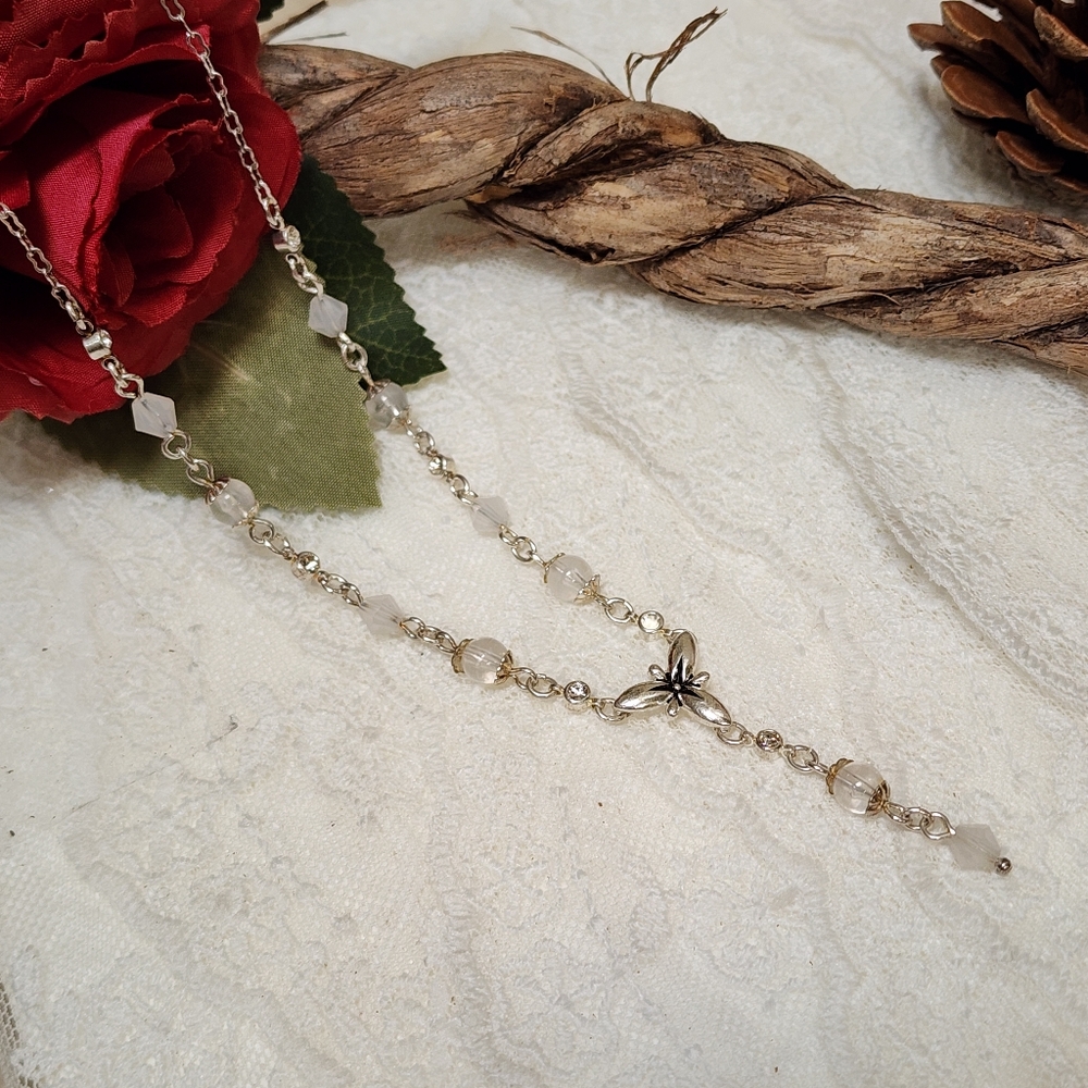 Vintage Nina Ricci Feminine, Elegant Silver Toned Y Necklace With Crystals